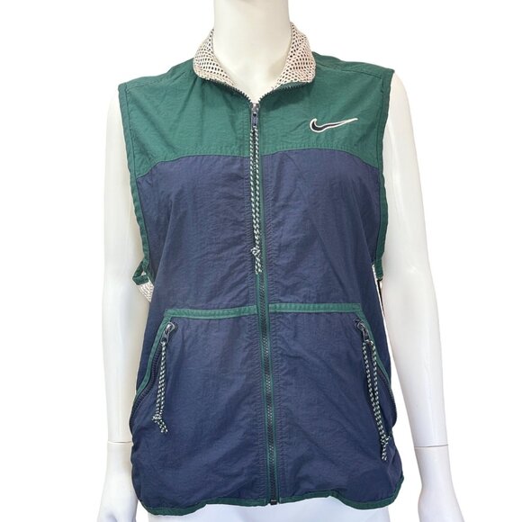 Nike Mens Vintage Sleeveless Windbreaker Vest Green Navy Large Zipper Pockets - Picture 1 of 4